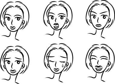 Beyaz arka planda, vektörde, resimde izole edilmiş saç stilleri olan bir dizi güzel kız.