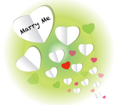 Benimle evlenir misin? Kağıt kalpli, renkli bir kart şablonu. 