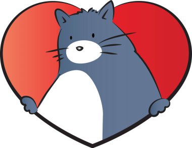 beyaz arka planda izole edilmiş kalbi olan küçük sevimli bir kedi. Romantik bir kavram. 