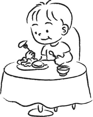 siyah ve beyaz çizgi film resimlerinde öğle yemeği yiyen bir çocuğun 