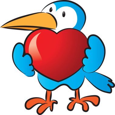 Beyaz arka planda kalbi olan küçük sevimli karga, romantik bir kavram. 