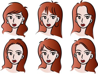 Beyaz arka planda, vektörde, resimde izole edilmiş saç stilleri olan bir dizi güzel kız.