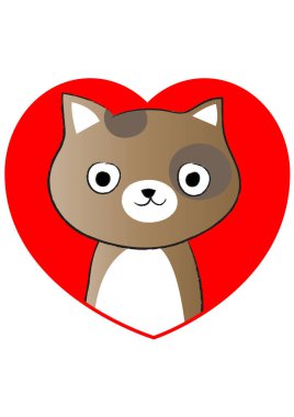 beyaz arka planda izole edilmiş kalbi olan küçük sevimli bir kedi. Romantik bir kavram. 