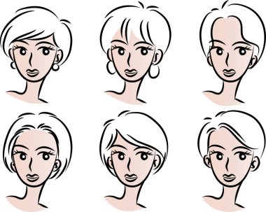 Beyaz arka planda, vektörde, resimde izole edilmiş saç stilleri olan bir dizi güzel kız.