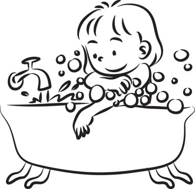 Banyoda yıkanan tatlı bir kızın vektör çizimi, hijyen kavramı 