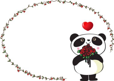 karikatür sevimli küçük panda çiçek demeti taşıyor, romantik bir kavram. 