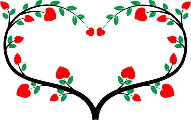 Beyaz arka planda izole edilmiş ağaç dalları ve kalpleri olan renkli düz logo, 