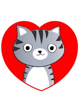 beyaz arka planda izole edilmiş kalbi olan küçük sevimli bir kedi. Romantik bir kavram. 
