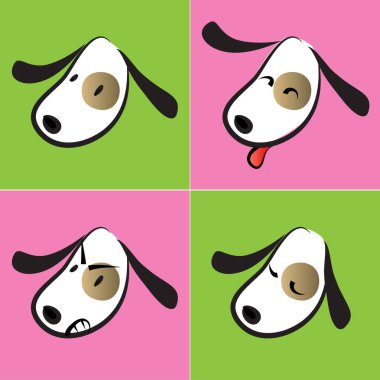 Çizgi filmlerdeki köpek suratları ve duygular. renk vektör illüstrasyon seti