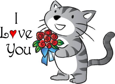 Çiçek buketi tutan sevimli kedi logosu ve beyaz arka planda izole edilmiş seni seviyorum, romantik konsept 