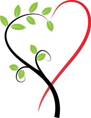 Beyaz arkaplanda ağaç dalları olan renkli düz kalp logosu, 