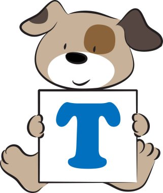 T harfli şirin köpek tutma kartı, eğitim konsepti. 