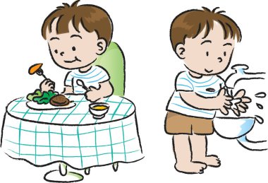 Çizgi filmlerde yemek yiyen ve ellerini yıkayan çocukların resimleri. 