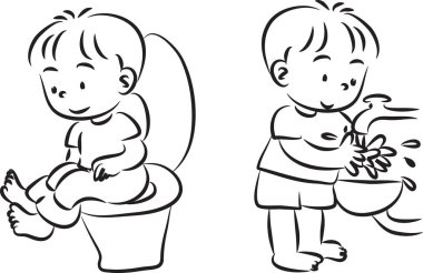 Tatlı çocukların el yıkama ve klozette oturmalarının vektör çizimi