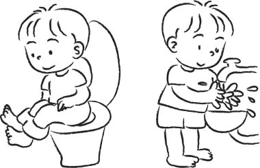 Tatlı çocukların el yıkama ve klozette oturmalarının vektör çizimi