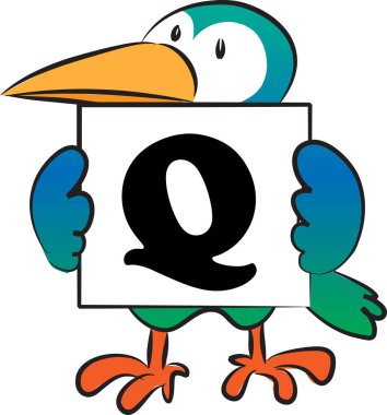 Q harfli şirin kuş tutma kartı, eğitim kavramı. 