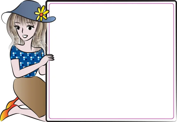 Απεικόνιση Ενός Κοριτσιού Ένα Καπέλο Ένα Πανό — Διανυσματικό Αρχείο