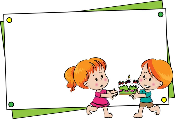 Illustration Eines Mädchens Und Eines Jungen Mit Einer Torte — Stockvektor