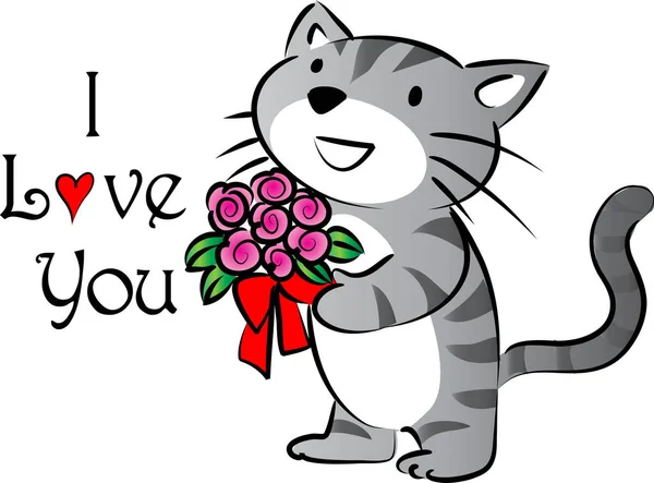 Logo Cute Cat Holding Bouquet Flowers Text Love You Isolated — Stock Vector