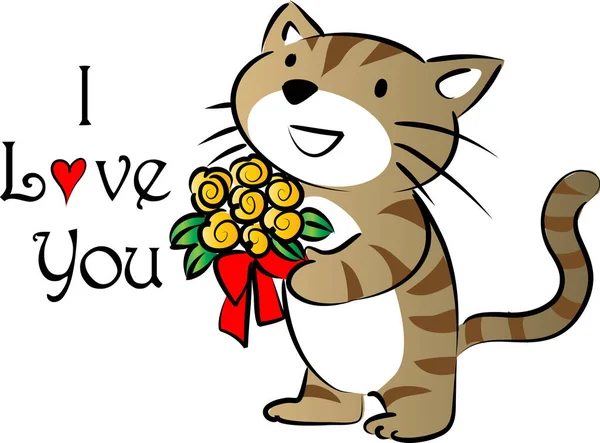 Logo Cute Cat Holding Bouquet Flowers Text Love You Isolated — Stock Vector