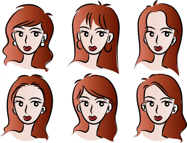 Beyaz arka planda, vektörde, resimde izole edilmiş saç stilleri olan bir dizi güzel kız.