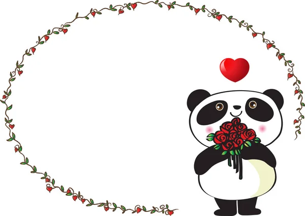 Καρτούν Χαριτωμένο Μικρό Αρκουδάκι Panda Κρατώντας Μπουκέτο Λουλούδια Κοντά Floral — Διανυσματικό Αρχείο