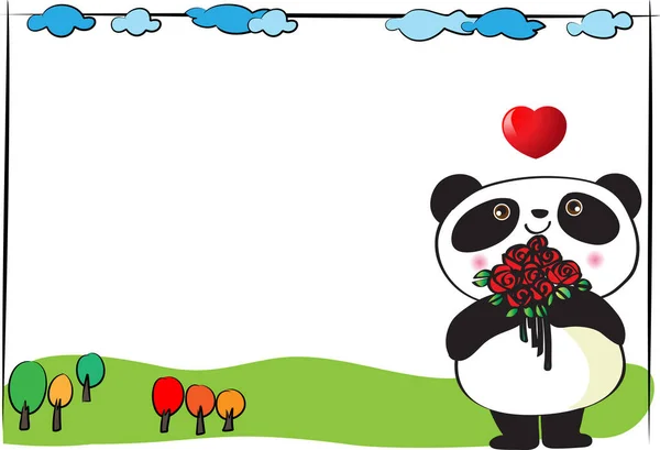 Roztomilý Karikatura Panda Láskou Srdce — Stockový vektor