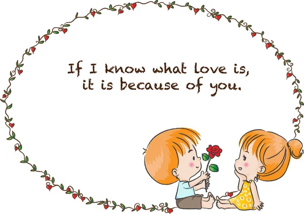 情人节快乐卡片 上面有一个女孩和一个男孩戴着花环 — 图库矢量图片