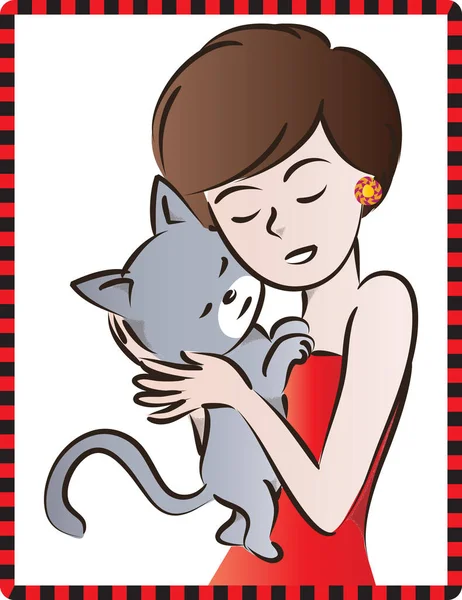 Tarjeta Con Dibujos Animados Hermosa Chica Sosteniendo Gato Manos Aisladas — Archivo Imágenes Vectoriales