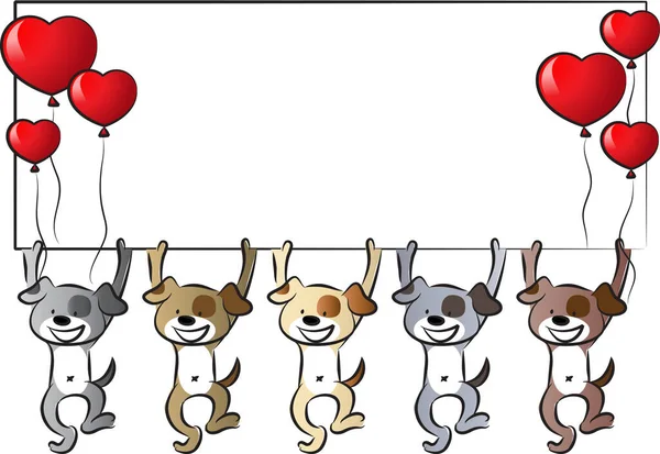 Καρτούν Χαριτωμένα Σκυλιά Κρατώντας Άδεια Λευκή Κάρτα Μπαλόνια Καρδιές — Διανυσματικό Αρχείο