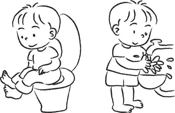 Ilustração Vetorial Meninos Bonitos Lavar Mãos Sentado Commode — Vetor de Stock