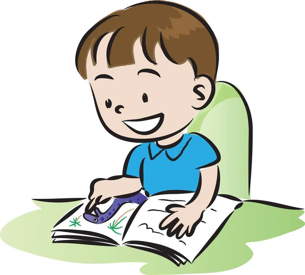 Desenho Animado Bonito Menino Ler Livro Sentado Mesa Conceito Educação —  Vetores de Stock