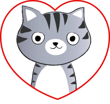 beyaz arka planda izole edilmiş kalbi olan küçük sevimli bir kedi. Romantik bir kavram. 