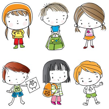  Çizgi film kızları ve erkekleri beyaz arka planda izole edilmiş.