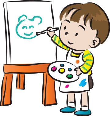 beyaz arkaplan, vektör, illüstrasyon üzerinde izole edilmiş fırça ile resim çizen çizgi film çocuğu 