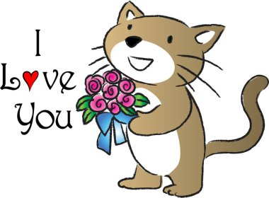 Çiçek buketi tutan sevimli kedi logosu ve beyaz arka planda izole edilmiş seni seviyorum, romantik konsept 