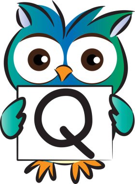 Q harfli şirin baykuş kartı, eğitim konsepti 
