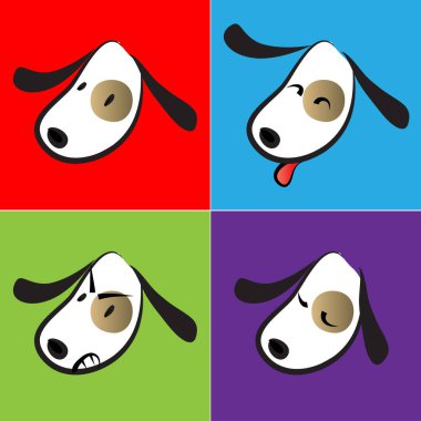 Çizgi filmlerdeki köpek suratları ve duygular. renk vektör illüstrasyon seti