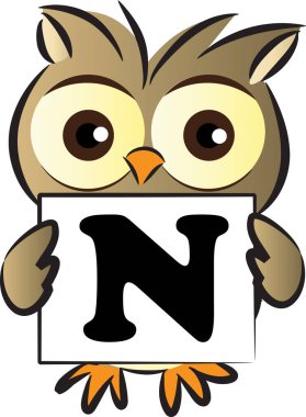 karikatür şirin baykuş tutuş kartı N harfi, eğitim konsepti  