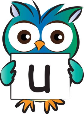 karikatür sevimli baykuş tutuş kartı U harfi, eğitim konsepti 