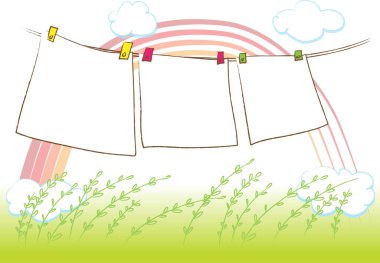 Çayırda ipte asılı boş kağıt dekoratif kartlar koleksiyonu, aşk konsepti 