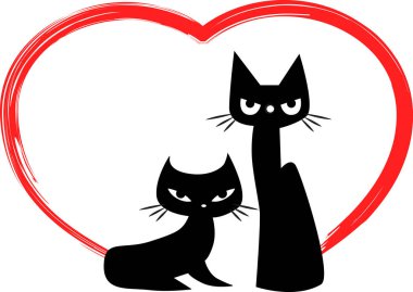 Beyaz arka planda izole edilmiş sevimli kedi ve kalp logosu, romantik konsept 