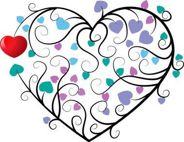 Beyaz arkaplanda ağaç dalları olan renkli düz kalp logosu, 