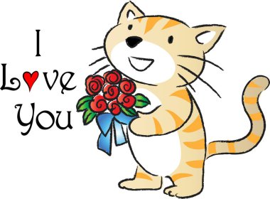 Çiçek buketi tutan sevimli kedi logosu ve beyaz arka planda izole edilmiş seni seviyorum, romantik konsept 