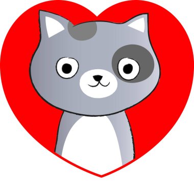 beyaz arka planda izole edilmiş kalbi olan küçük sevimli bir kedi. Romantik bir kavram. 