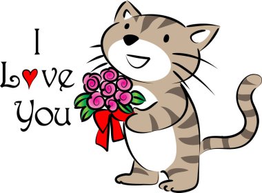 Çiçek buketi tutan sevimli kedi logosu ve beyaz arka planda izole edilmiş seni seviyorum, romantik konsept 