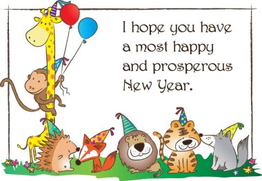 Çizgi film hayvanlarıyla dolu tebrik kartı, mutlu yıllar konsepti. 