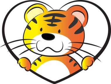 Beyaz arka planda izole edilmiş kalbi olan küçük sevimli kaplan. Romantik bir kavram. 