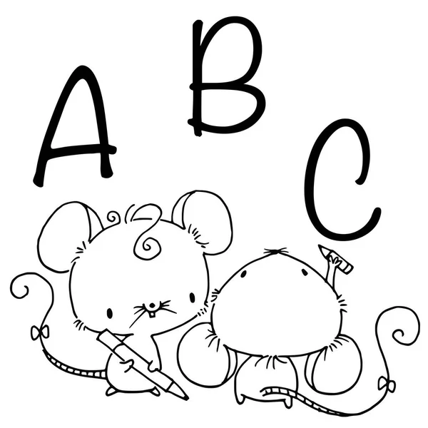 Desenhos Animados Lindos Pequenos Ratos Com Lápis Desenho Alfabeto Isolado — Vetor de Stock