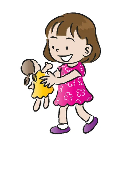 Personaje Dibujos Animados Niña Sosteniendo Muñeca Vector Ilustración — Vector de stock